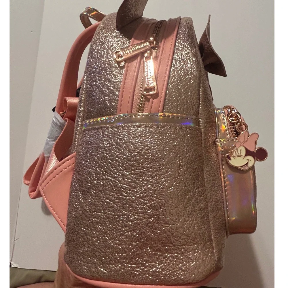 Disney Loungefly Minnie Mouse Rose Gold Metallic Mini Backpack with Bow NEW